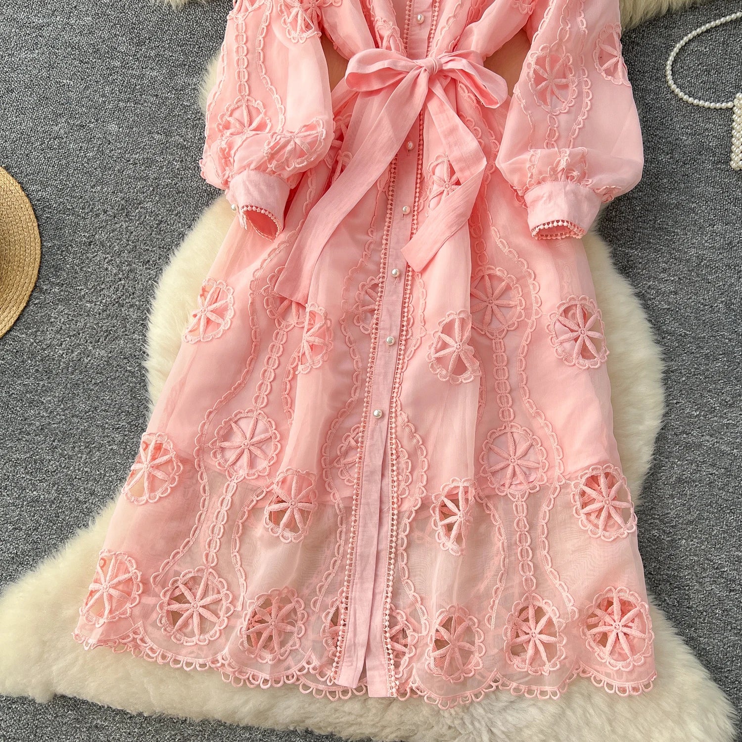 Elegant Embroidery Vintage Lantern Sleeves Lapel Single Breasted Chic Bandage Slim Long Dresses Women High Street Clothing