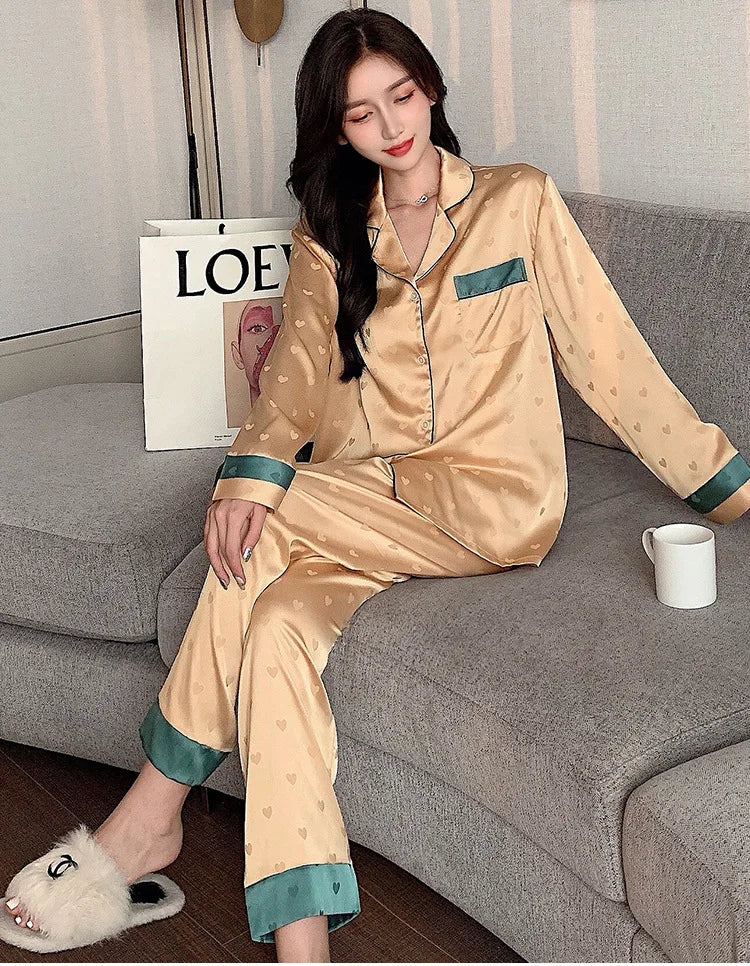 Top Autumn New Ice Silk Women Pajama Lapel Button Cardigan Outfits for Women 2 Piece Set Fashion Printing Set Clothes for Women