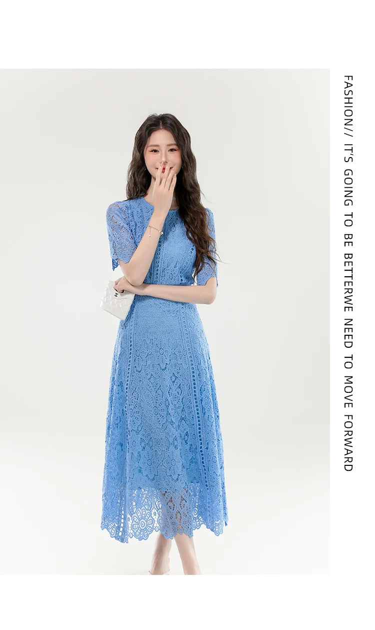 High Quality Lace Hollow Out Women Long Elegant Office Dress Summer French Chic Casual Vintage Purple Short Sleeve A-line Dress