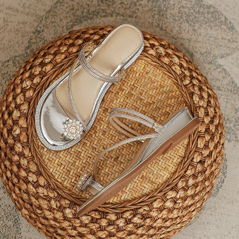 Rhinestone Fashion Sandals 2024 New Wedge Silver Sexy Women Summer Sandals Transparent Slippers