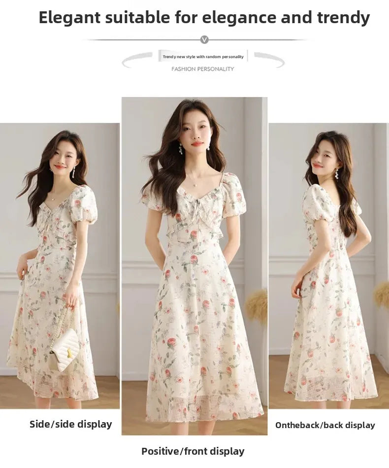 Elegant Summer Dress with Bubble Sleeves And Bellflower Pattern Slimming Empire Waist Knee-Length Polyester Fiber Short Sleeve