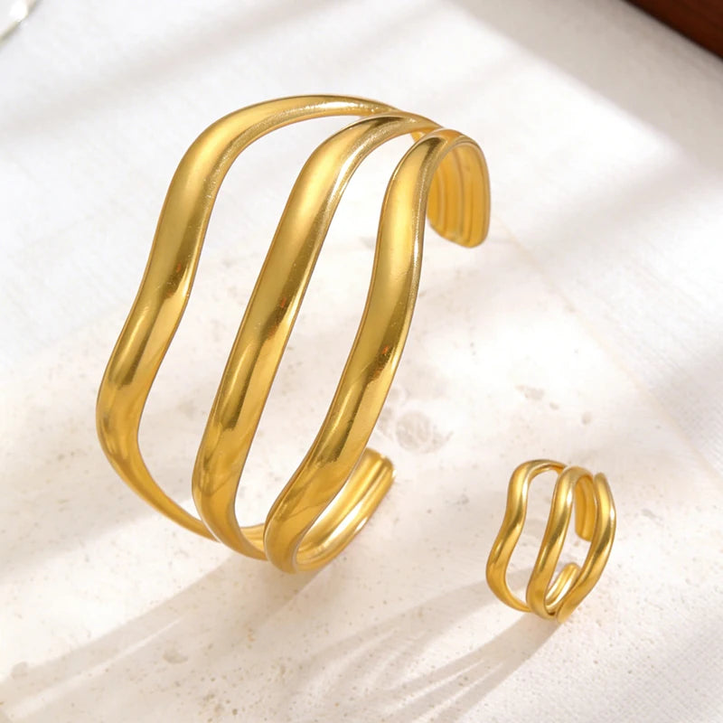 Stainless Steel Multi-Layer Wave Open Bracelet Rings Set for Women Simple Metal Twisted Lines Hand Chain Fashion Banquet Jewelry