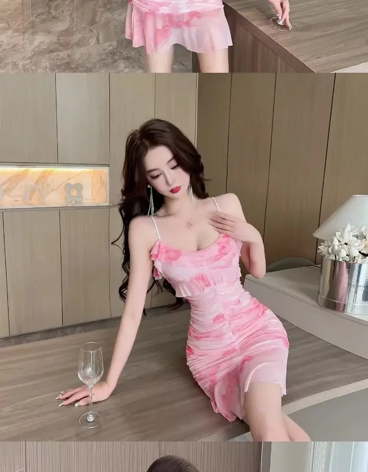 Summer French Pure Sexy Mesh Printed Suspender Dress Waist Pleated Bag