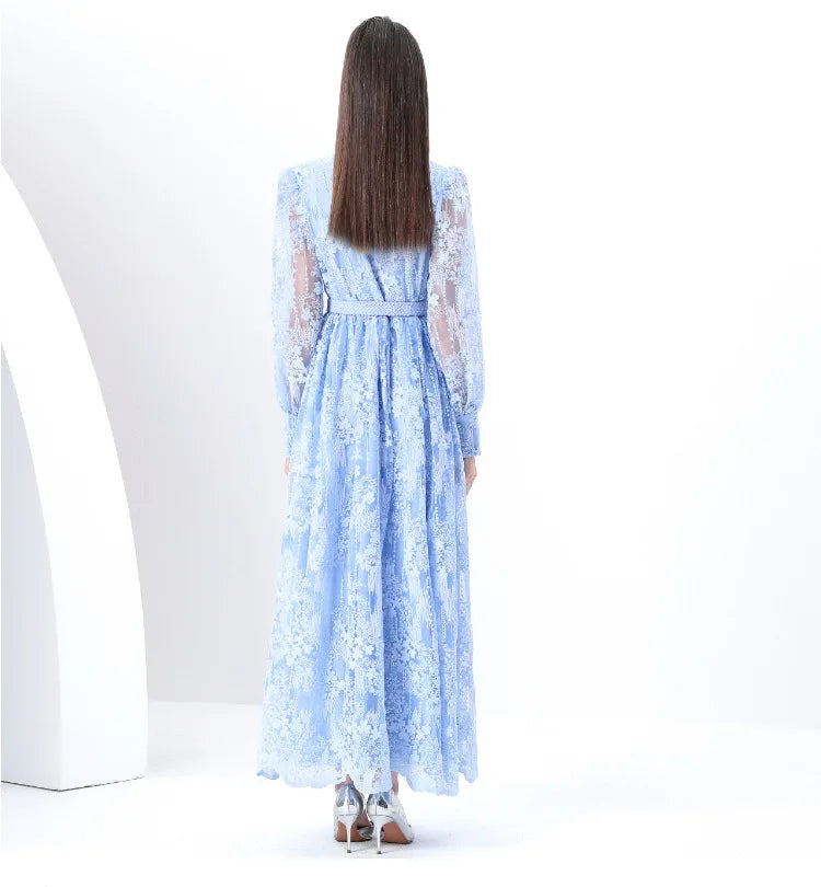Luxury High-end Women Clothing Dress Spring Fitted Waist Embroidery V-neck Bell Sleeves Long Sleeves Single-breasted Long Dress
