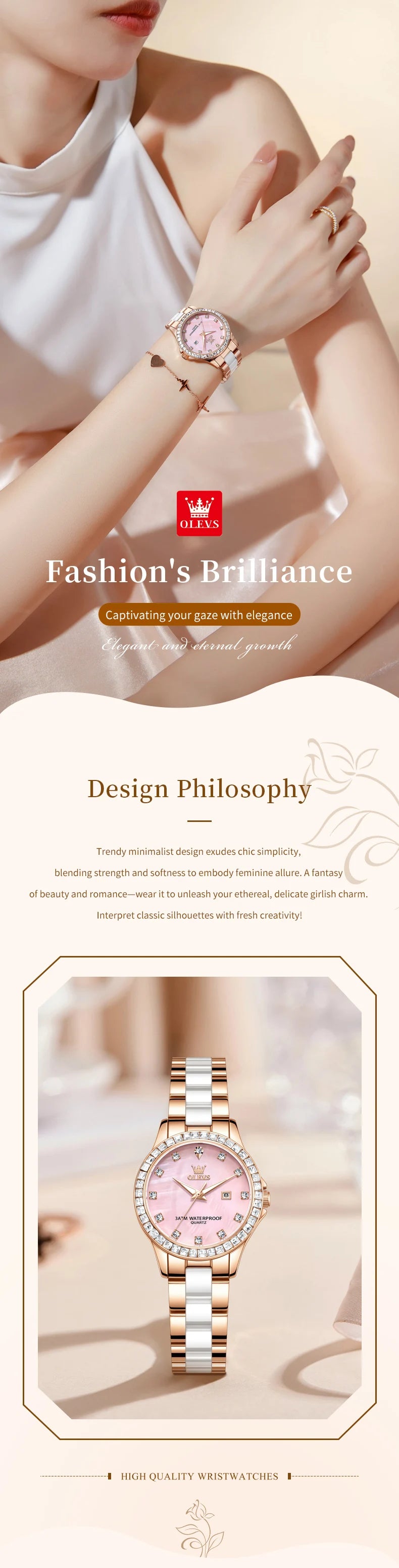 OLEVS New Luxury Ceramic Strap Quartz Watch Women Elegant Diamond Bezel Ladies Wristwatch Waterproof Date Watches Womens Reloj