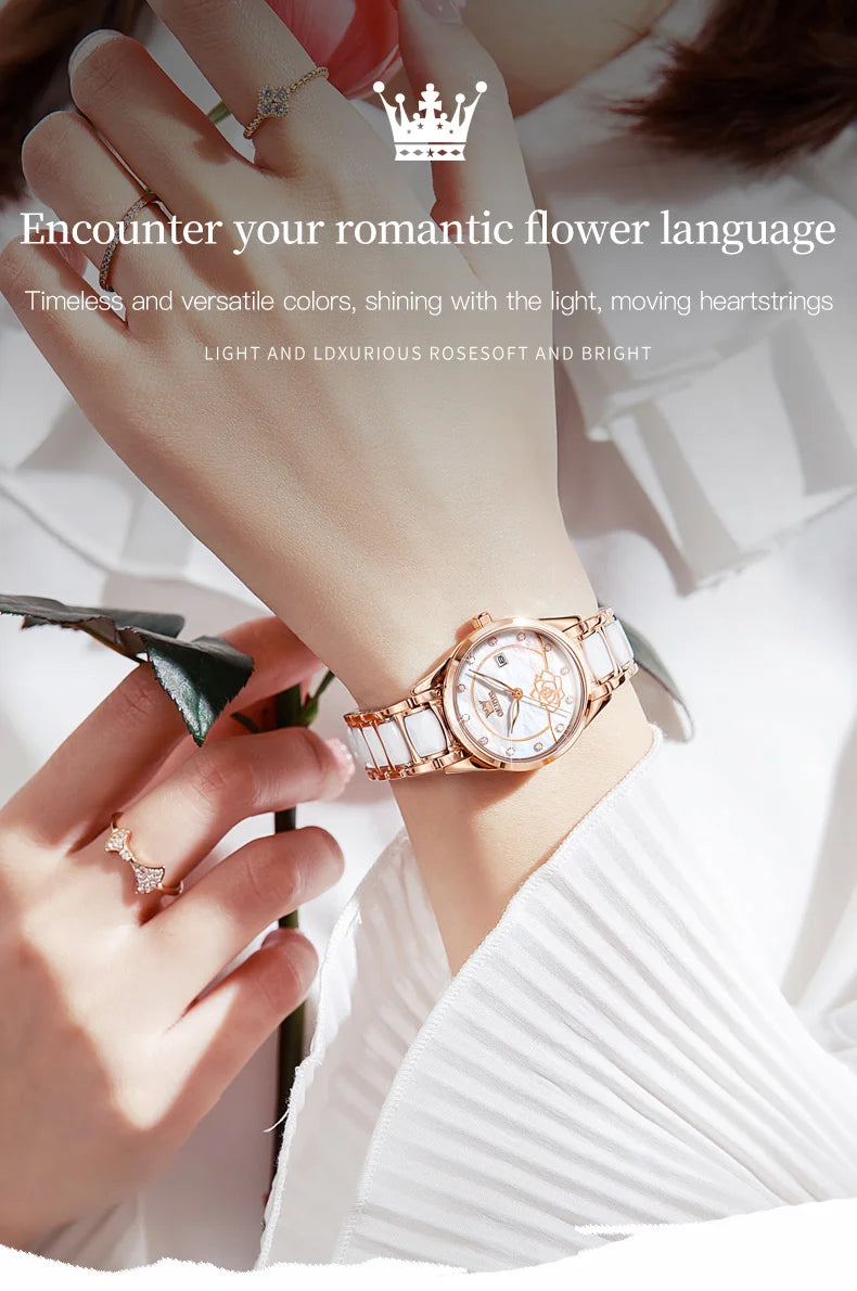 OLEVS 3606 Luxury Women Watch Camellia Quartz Japan Movement 30M Waterproof Watch For Women Ceramics Women Mechanical Watch