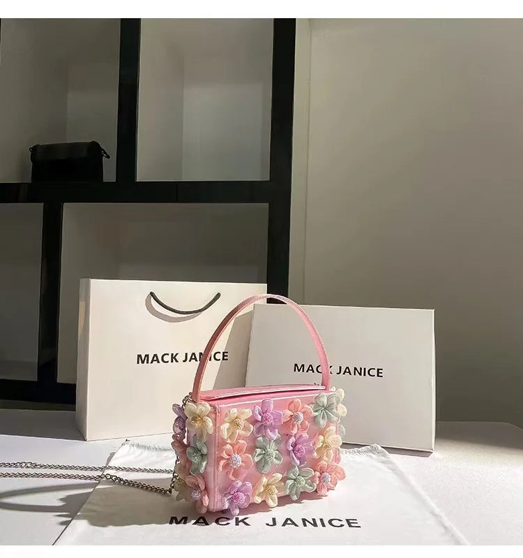 Luxury Satin Appliques Floral Square Bag Women's Handbag Fashion Evening Bag Wedding Party Clutch Purse Shoulder Crossbody Bag