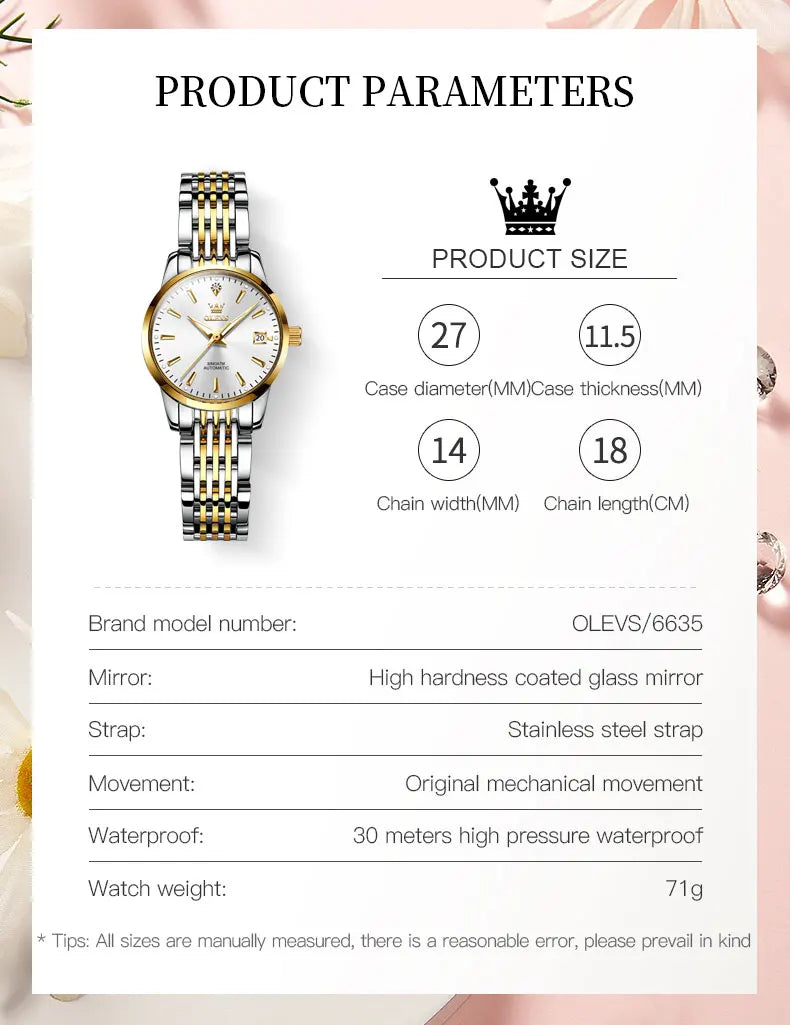 OLEVS 6635 Luxury Brand Ladies Watch Automatic Mechanical Wristwatch Waterproof Stainless Steel Watch For Women Chronograph Date