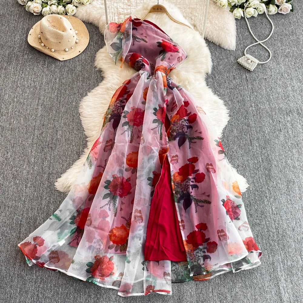 American Chic Maxi Dress for Women Floral Printed Skew Collar Sleeveless Female Dresses A-line Evening Club Vestidos Dropship