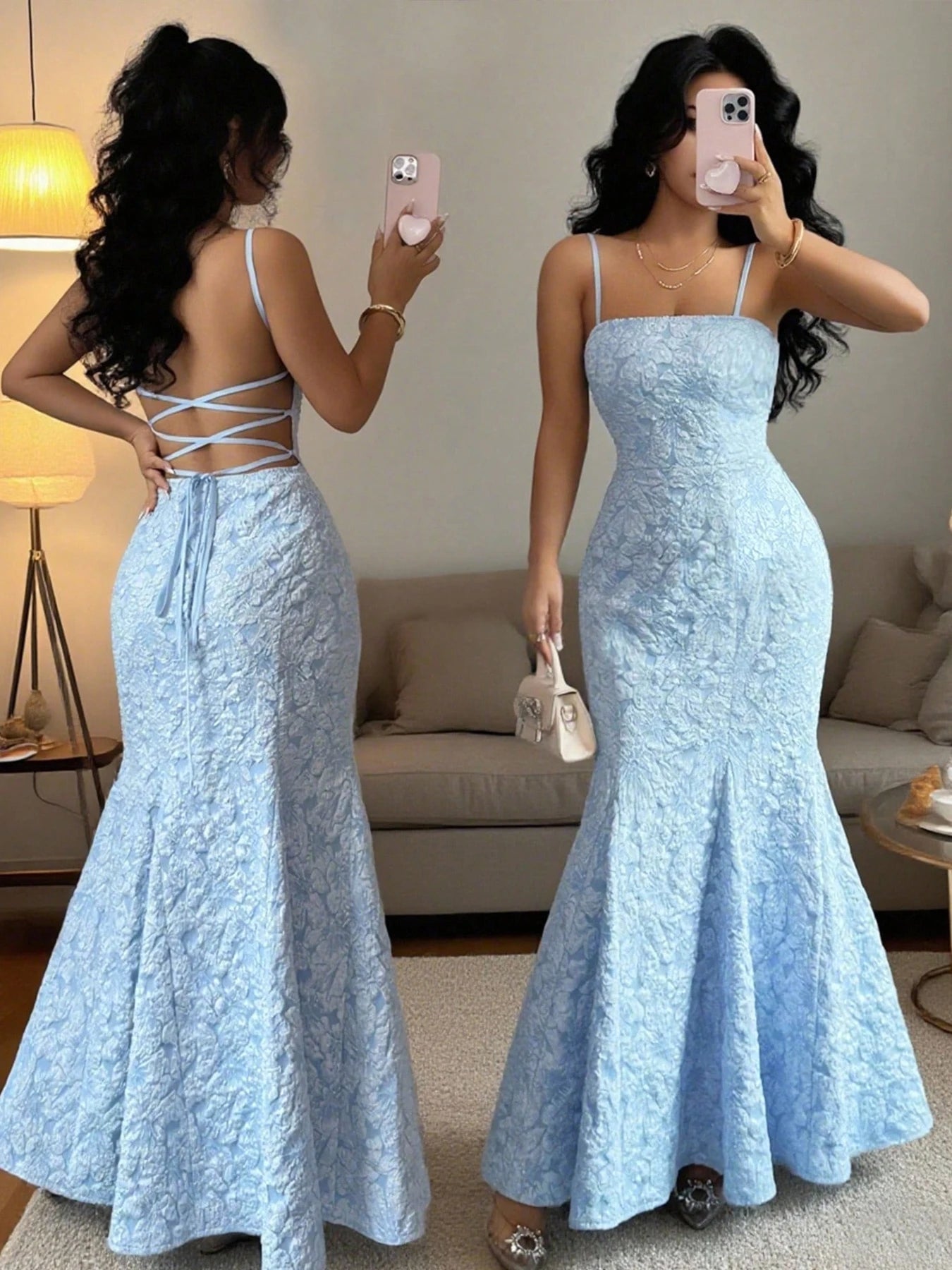 Women's Spring Summer Light Blue Spaghetti Strap Strapless Jacquard Mermaid Maxi Evening Party Dress