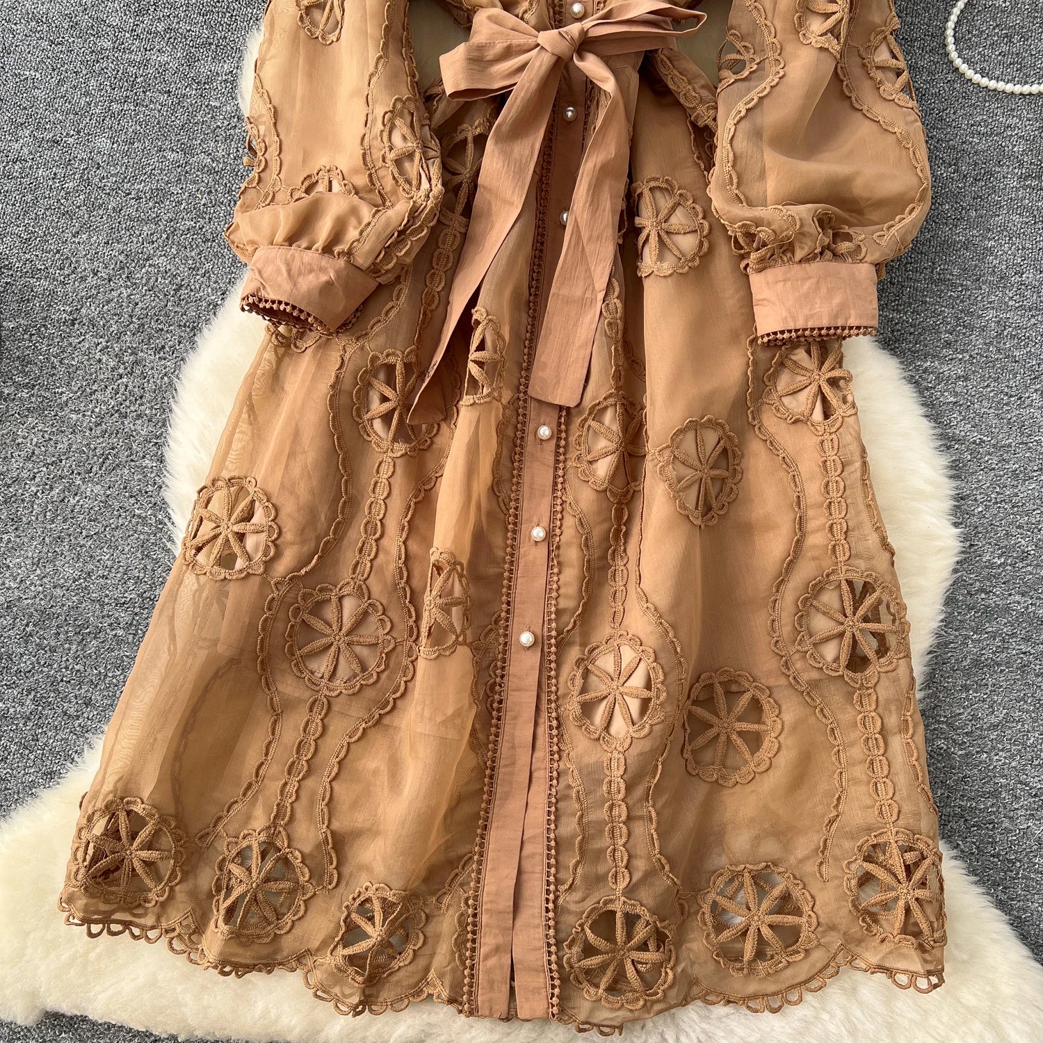 Elegant Embroidery Vintage Lantern Sleeves Lapel Single Breasted Chic Bandage Slim Long Dresses Women High Street Clothing