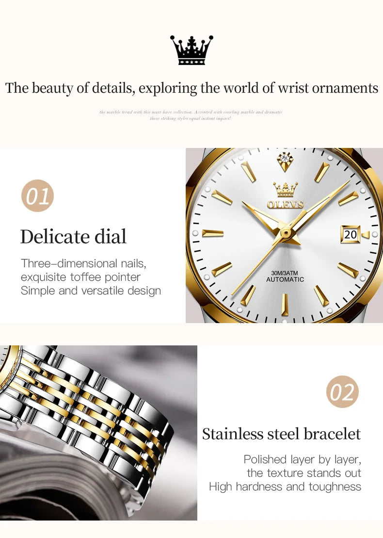 OLEVS 6635 Luxury Brand Ladies Watch Automatic Mechanical Wristwatch Waterproof Stainless Steel Watch For Women Chronograph Date