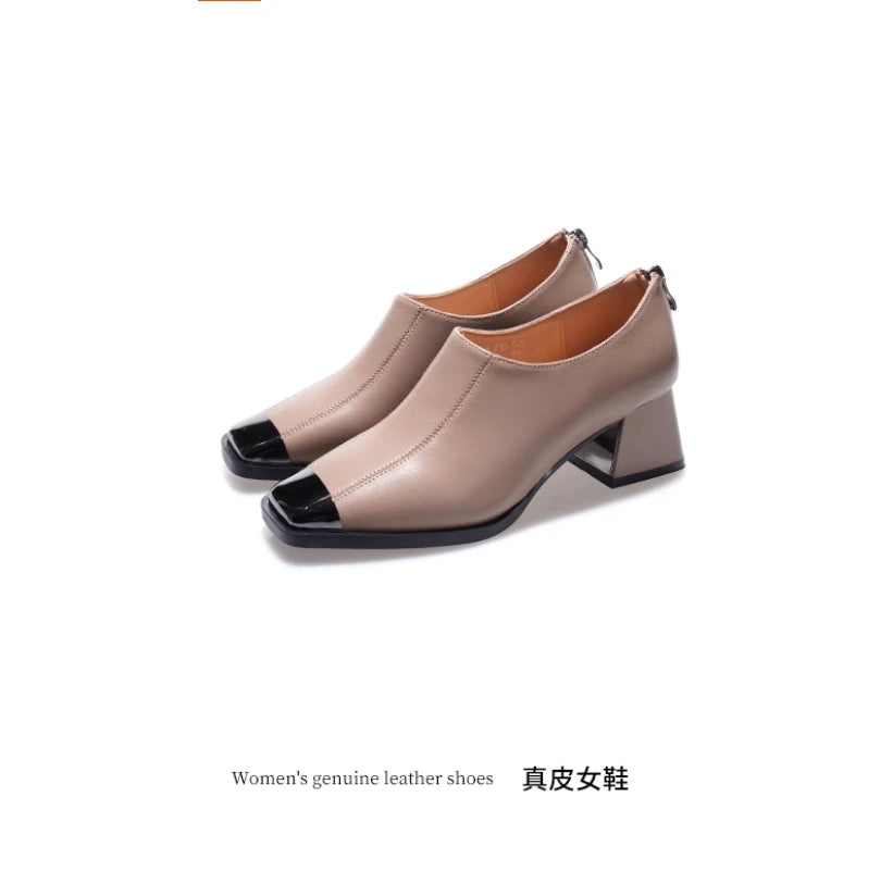 Deep mouth single shoe women's thick heel genuine leather middle heel women's soft leather soft sole square toe leather shoes