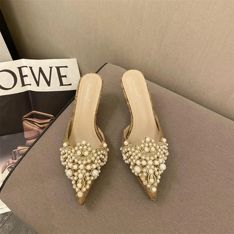 New Slippers Fashion Pointy Head Pearl Half Slippers Fine Heeled Sandals Women's Shoes 42 Yards Middle Heeled Mules Shoes