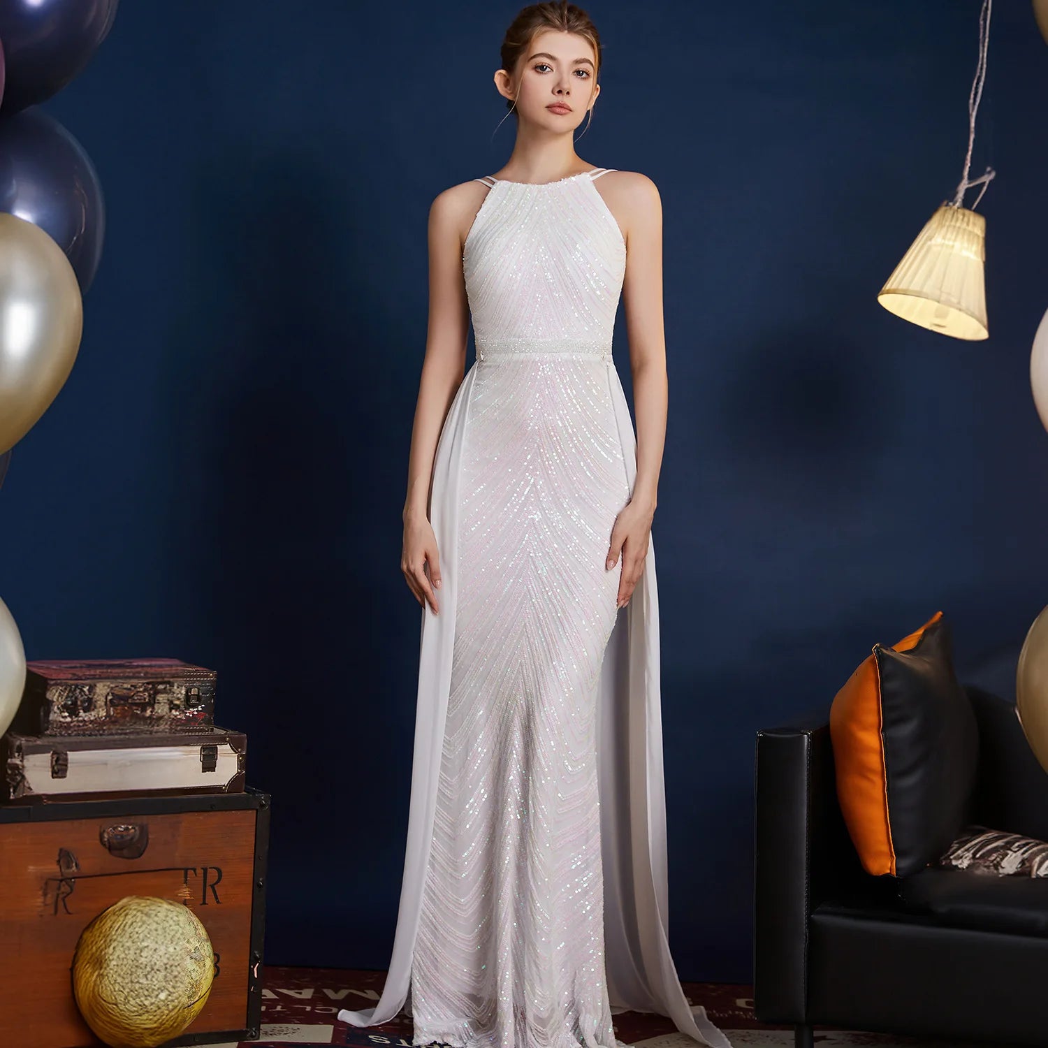 Chic High Sleeveless Sexy Backless Beading Sequined Mermaid Formal Evening Dresses Birthday Party Prom Gowns Elegant Luxury