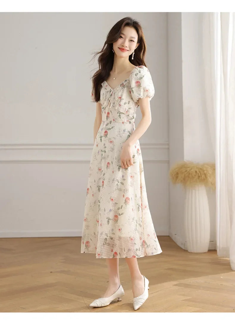 Elegant Summer Dress with Bubble Sleeves And Bellflower Pattern Slimming Empire Waist Knee-Length Polyester Fiber Short Sleeve