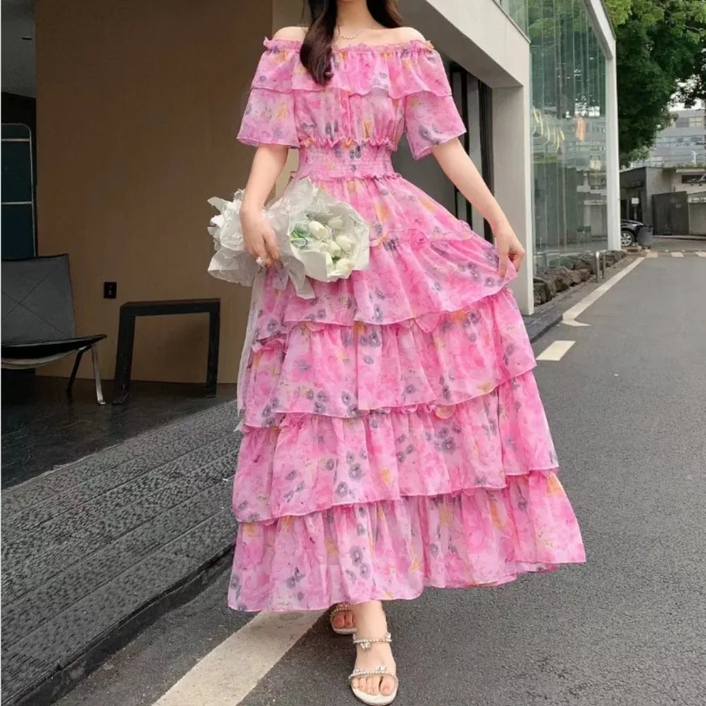 French Vintage Off Shoulder Short Sleeve Ruffle Tiered Long Dresses Chic Casual Beach Vacation Women Summer Chiffon Clothing