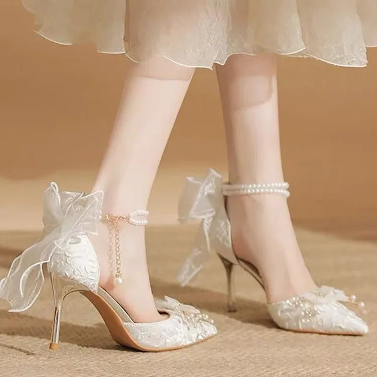 French Satin Wedding Shoes Two-Wear White Fairy Flower High-Heeled Sandals