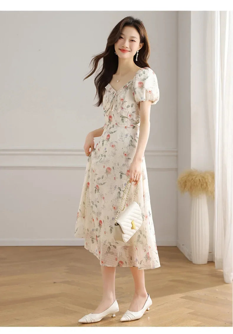 Elegant Summer Dress with Bubble Sleeves And Bellflower Pattern Slimming Empire Waist Knee-Length Polyester Fiber Short Sleeve