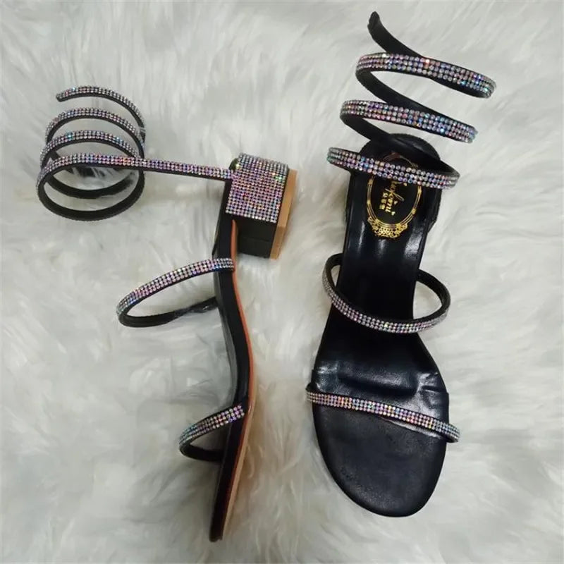 Summer Fashio 4CM Thick Heel Gladiator Sandals Women Flat Sandals Snake Punk Rhinestone Women Sandals Wedding Shoes
