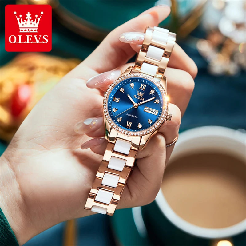 OLEVS Fashion Women Mechanical Watches Luxury Diamond Ceramic Strap Waterproof Luminous Week Calendar Automatic Watch For Women