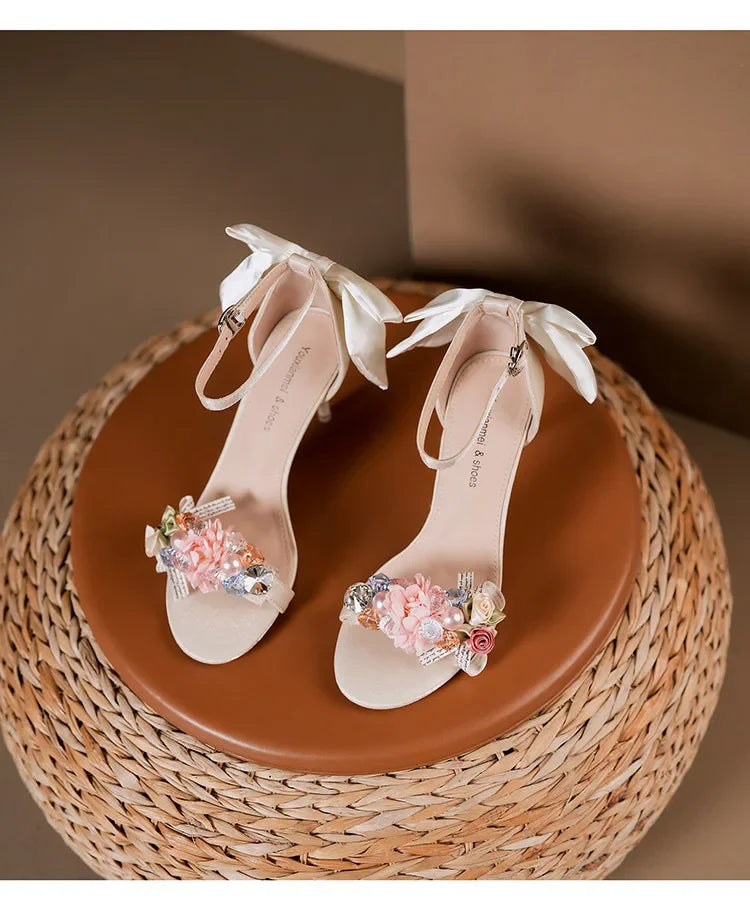 Summer Fashion Shoes Woman Pumps Open Toe Satin Flower Bow Buckle High Heels Ladies Sandals Women's Dress Wedding Party Shoes