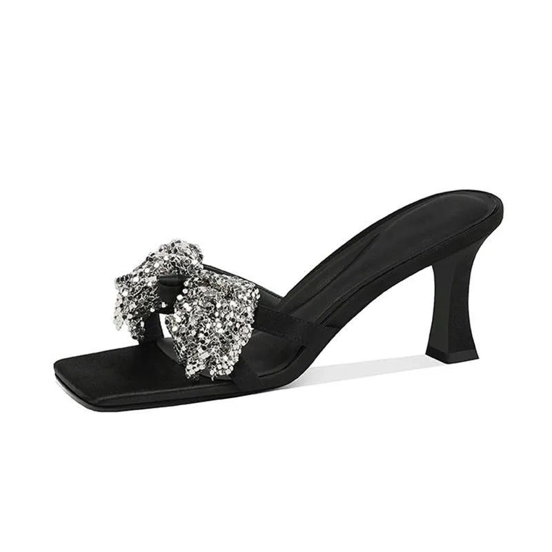 Bling Bow High Heels Women Sandals Square Toe Slippers Woman Shoes Summer 2025 Brand New Chunky Shoes Flip Flops Sexy Pumps