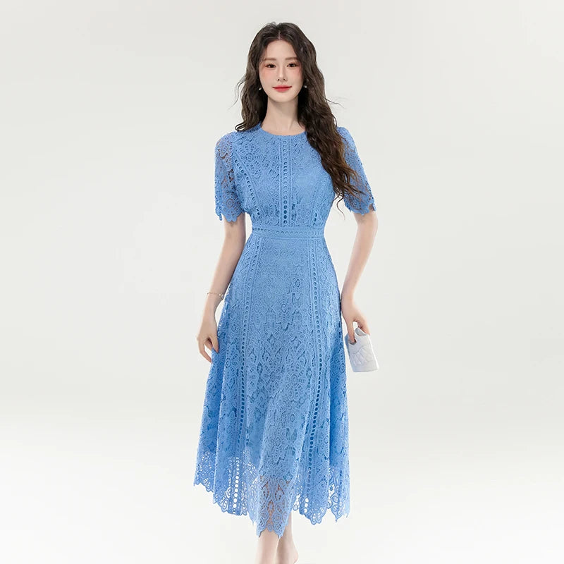 High Quality Lace Hollow Out Women Long Elegant Office Dress Summer French Chic Casual Vintage Purple Short Sleeve A-line Dress
