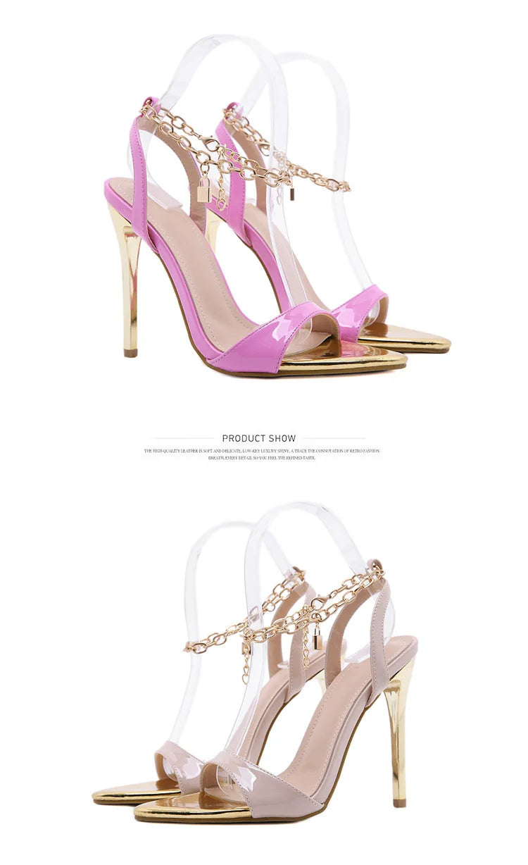 New Summer Sandals Women Fashion Gold Chain Ankle Strap Sexy Peep Toe Ladies Metal High Heels Sandals Woman Party Shoes Pumps
