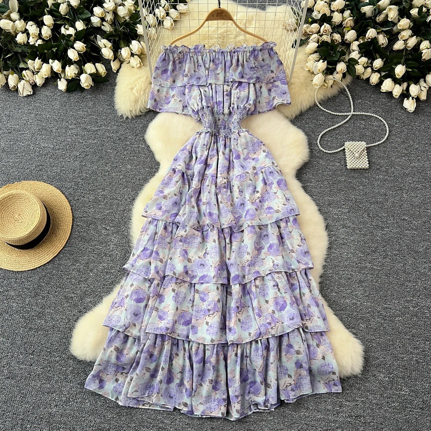 French Vintage Off Shoulder Short Sleeve Ruffle Tiered Long Dresses Chic Casual Beach Vacation Women Summer Chiffon Clothing