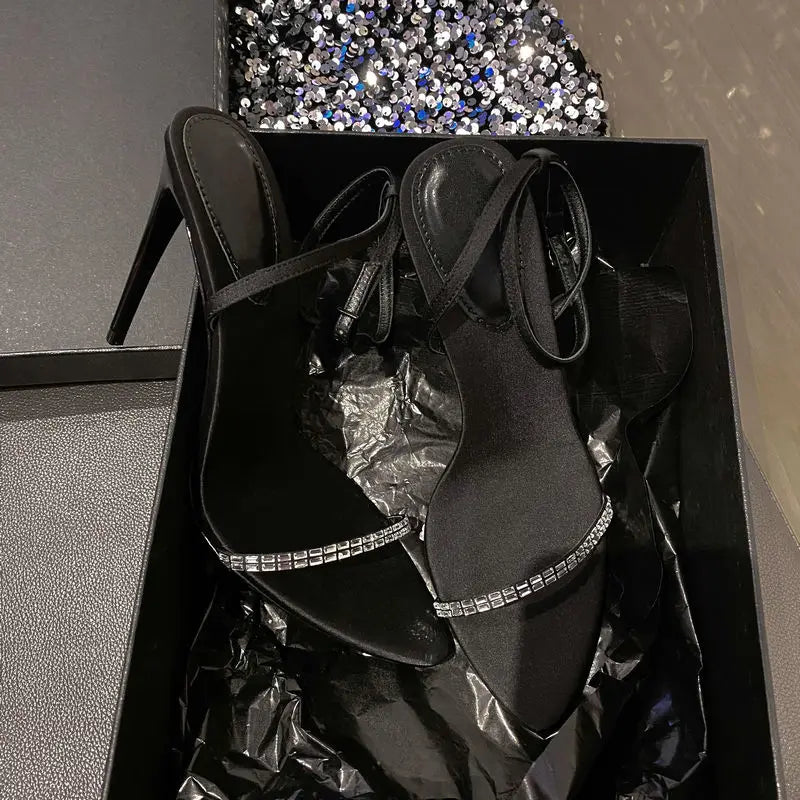 2025 Summer New Line With Rhine-Diamond Sexy Sandals Women'S Pointed Open Toe Slim Heel Beautiful Black High Heels