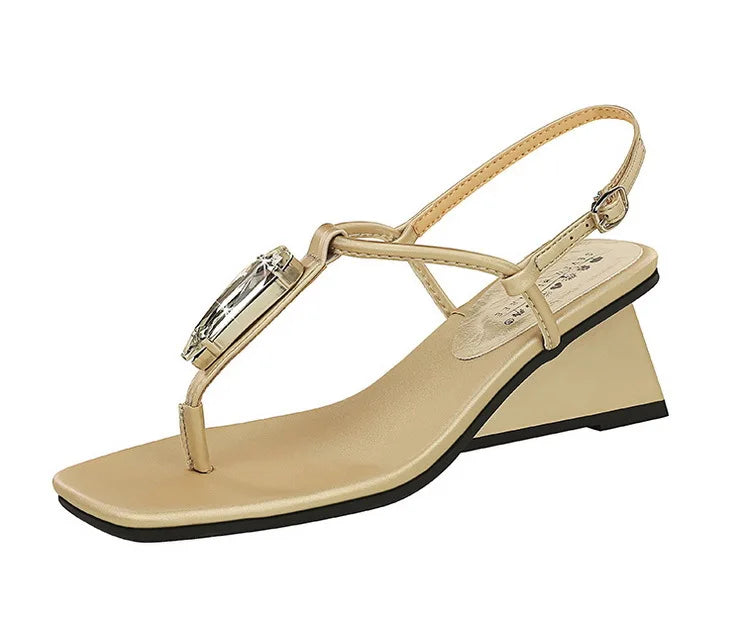 Wedge Heel with Herringbone Sandals Women's Rhinestone Thin Strap Toe Women's High Heels