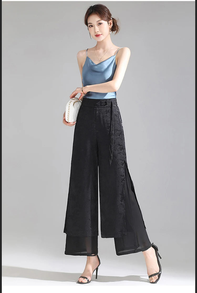 Chiffon Wide Wide Trousers Female Elegant Vintage New Pants Summer Thin Split Loose Skirt Pants Women Black Green