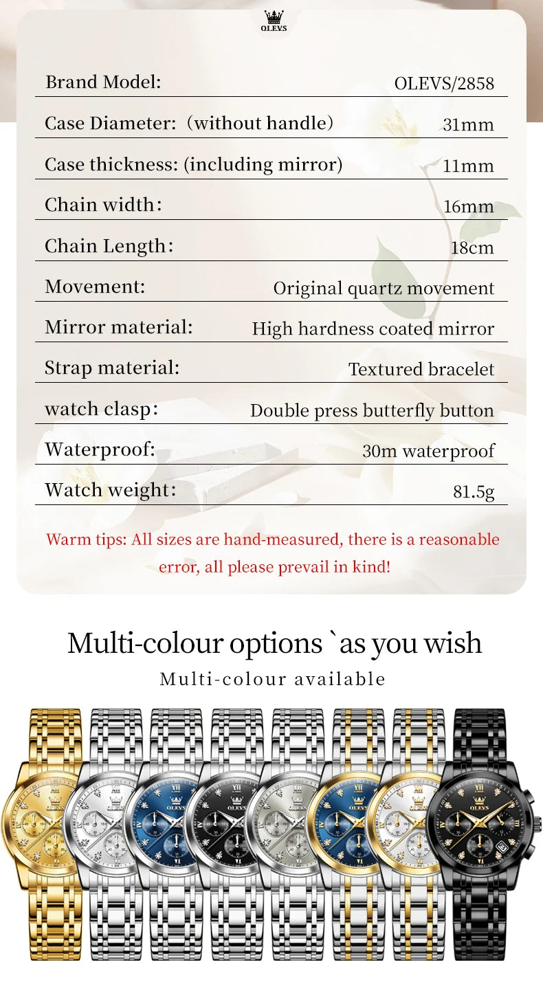 OLEVS 2858 Women Watch Luxury Brand Quartz Watch Waterproof Luminous Date Chronograph Women Bracelet Dress Diamond Watch Reloj