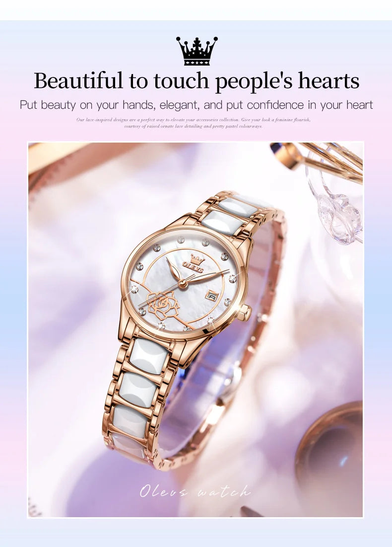 OLEVS 3606 Luxury Women Watch Camellia Quartz Japan Movement 30M Waterproof Watch For Women Ceramics Women Mechanical Watch