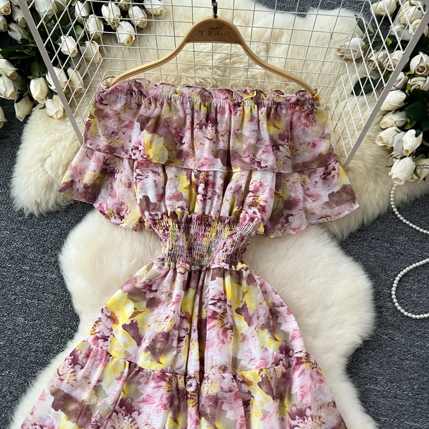 French Vintage Off Shoulder Short Sleeve Ruffle Tiered Long Dresses Chic Casual Beach Vacation Women Summer Chiffon Clothing