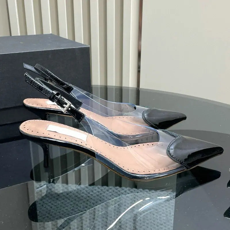 2025 European Summer New Women'S Sandals Pointy Thin Heels High Heels Back Empty Head Transparent Film Fashion Women'S Pumps