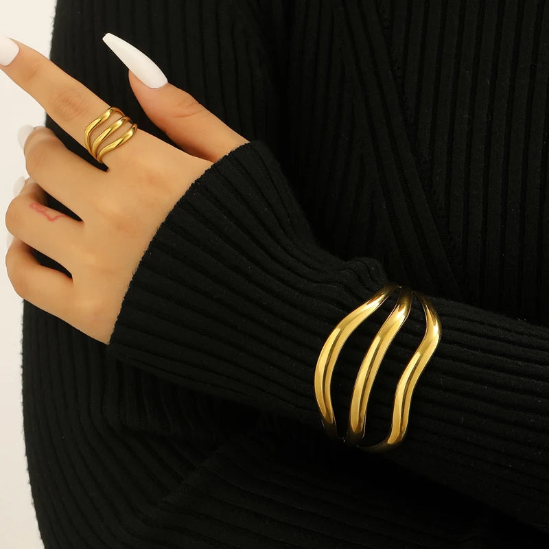 Stainless Steel Multi-Layer Wave Open Bracelet Rings Set for Women Simple Metal Twisted Lines Hand Chain Fashion Banquet Jewelry