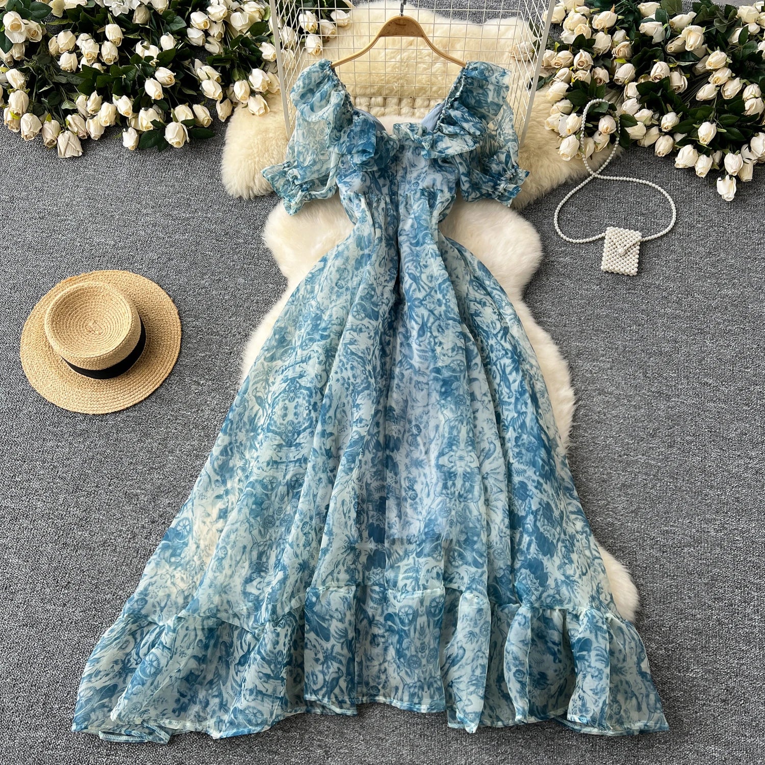 French Vintage Square Collar puff sleeve ruffle Dress A-line Chic Casual Beach Vacation Women Summer sweet dresses