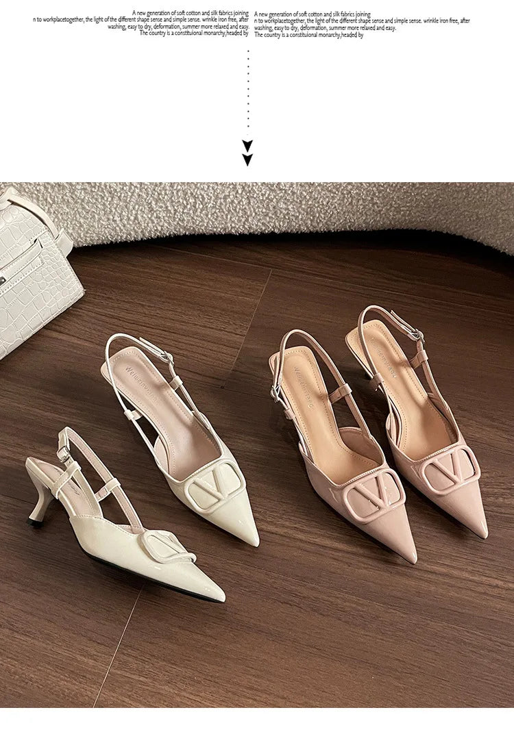 2025 Summer New 41-42 Large Size French Sandals Women's V Buckle Pointed Stilettos, Rear Empty Skirt High Heels