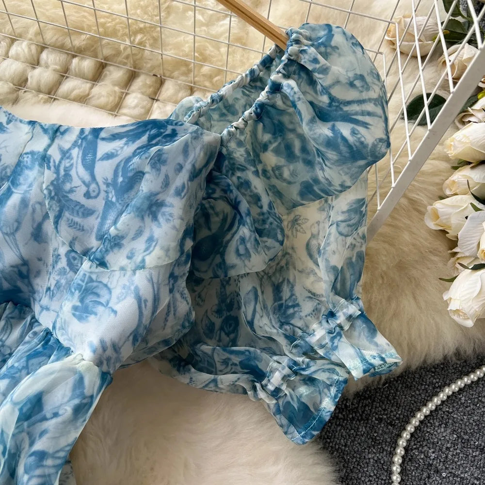 French Vintage Square Collar puff sleeve ruffle Dress A-line Chic Casual Beach Vacation Women Summer sweet dresses