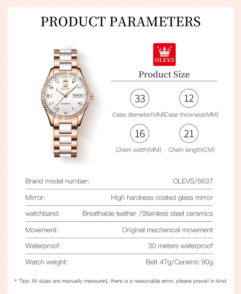 OLEVS Fashion Women Mechanical Watches Luxury Diamond Ceramic Strap Waterproof Luminous Week Calendar Automatic Watch For Women