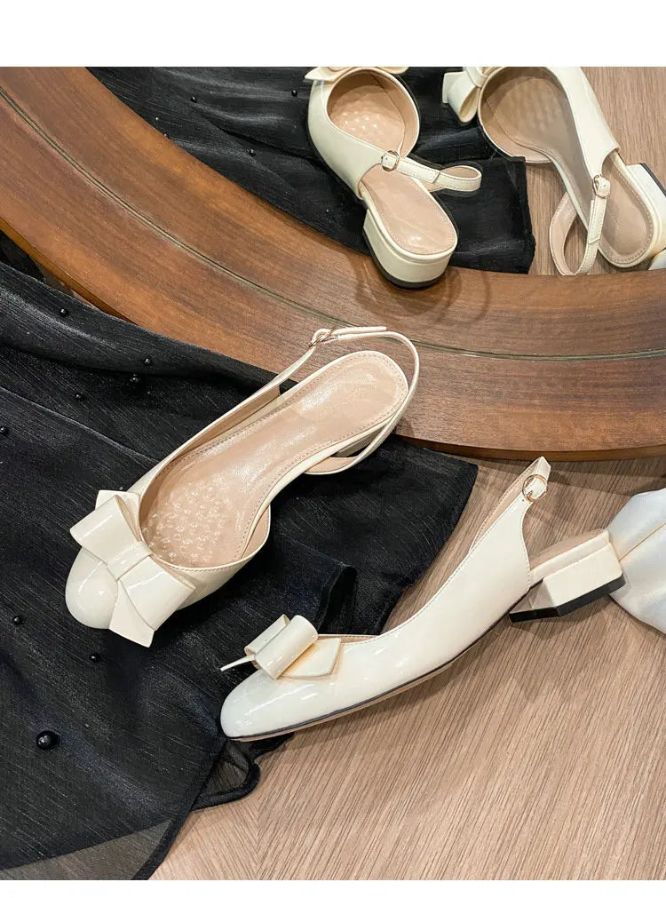 French-Style Bow Head-Toe Sandals For Women 2025 Summer New Style Chunky Heel Patent Leather High Heel Mid-Heel Sandals