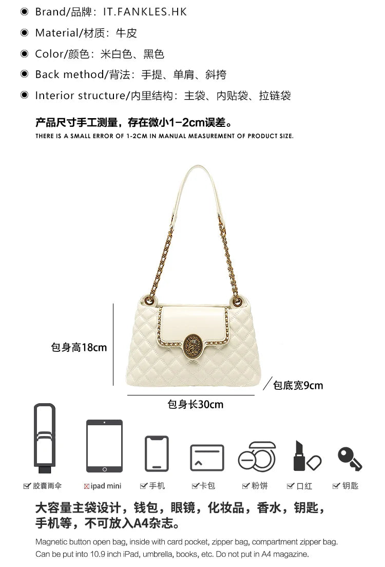 2025 women's brand genuine leather chain bag, new designer brings a sense of luxury, large capacity underarm shoulder bag is fas