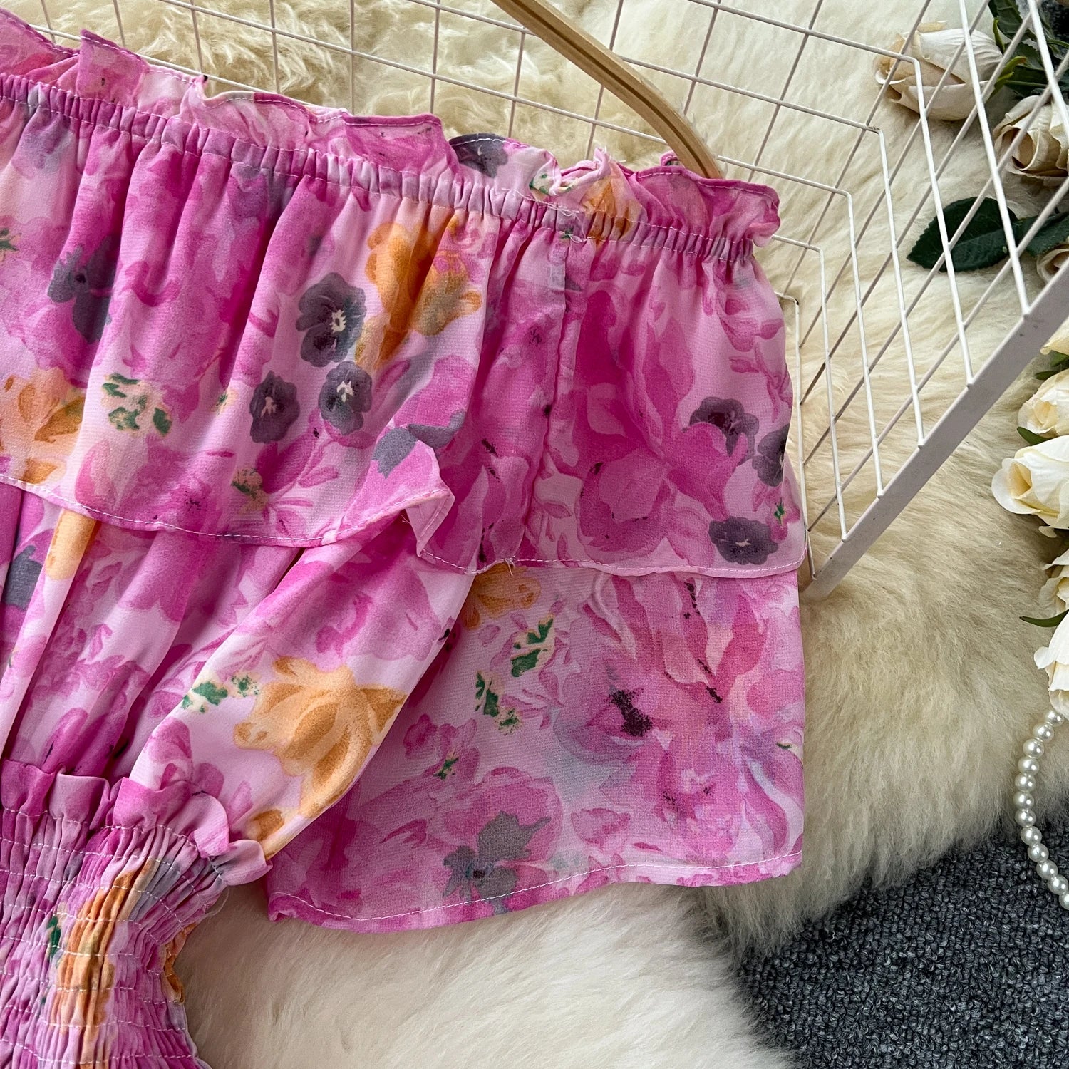 French Vintage Off Shoulder Short Sleeve Ruffle Tiered Long Dresses Chic Casual Beach Vacation Women Summer Chiffon Clothing