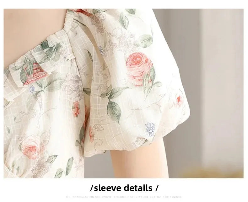 Elegant Summer Dress with Bubble Sleeves And Bellflower Pattern Slimming Empire Waist Knee-Length Polyester Fiber Short Sleeve