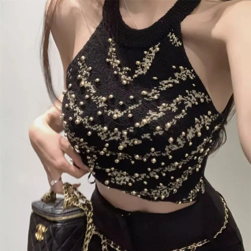 Hanging Neck Bead Suspended Tank Top Women's 2024 Summer Spicy Girl Sexy Fashion Sleeveless Casual Elegant Off the Shoulder Tops
