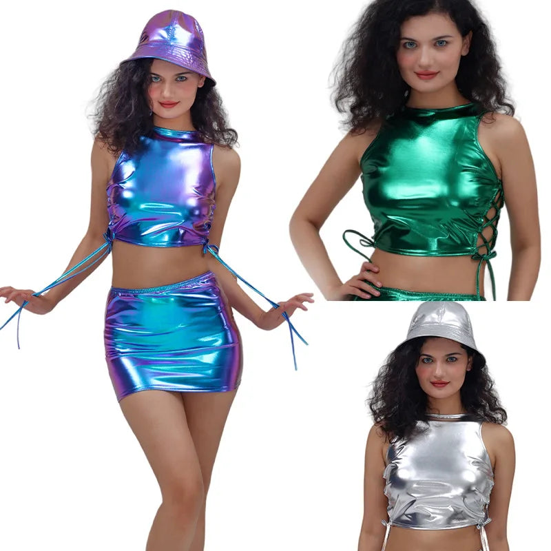 Hot Stamping Patent Leather Party Performance Costume Women's Sleeveless Strap Sleeveless Vest Nightclub Shorts Skirts