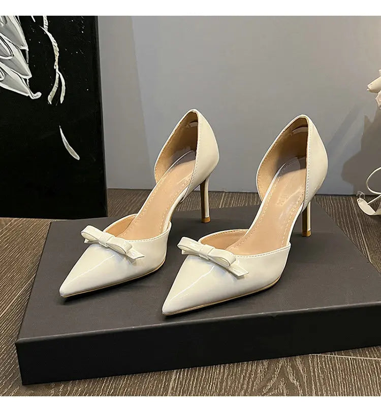 New Autumn Patent Leather Nude High Heels Thin Heel Pointed Bow Korean Version Summer Senior Feeling Hollow Female Pumps