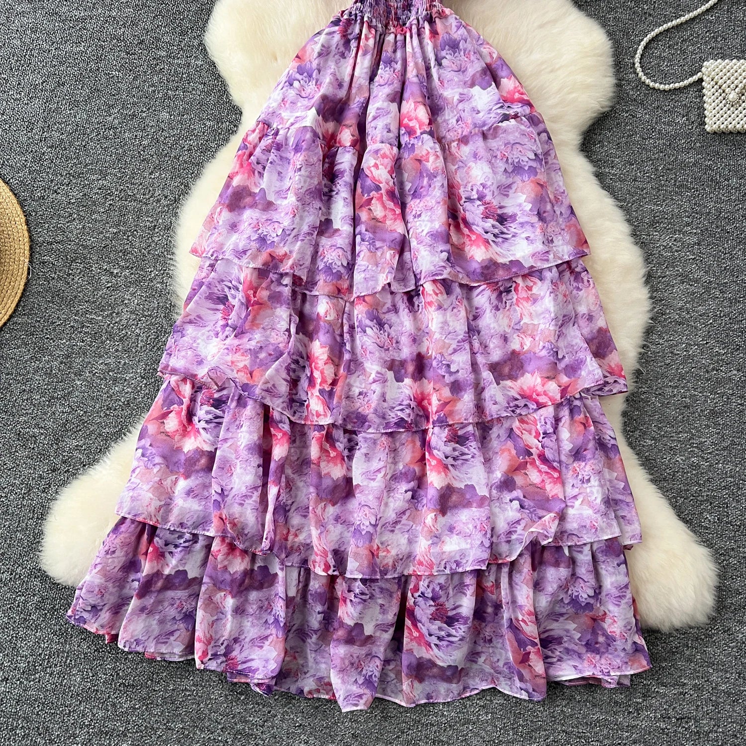 French Vintage Off Shoulder Short Sleeve Ruffle Tiered Long Dresses Chic Casual Beach Vacation Women Summer Chiffon Clothing